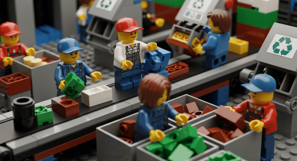 Lego team organizing materials on a recycling conveyor, illustrating how CyberStockroom’s inventory map improves visibility for circular economy practices and reverse logistics.