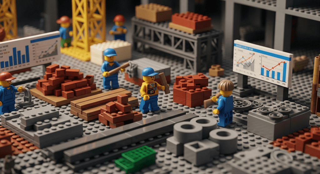 Lego crew reviewing charts among bricks and steel, illustrating CyberStockroom’s inventory map and clearer material visibility with historical insights.