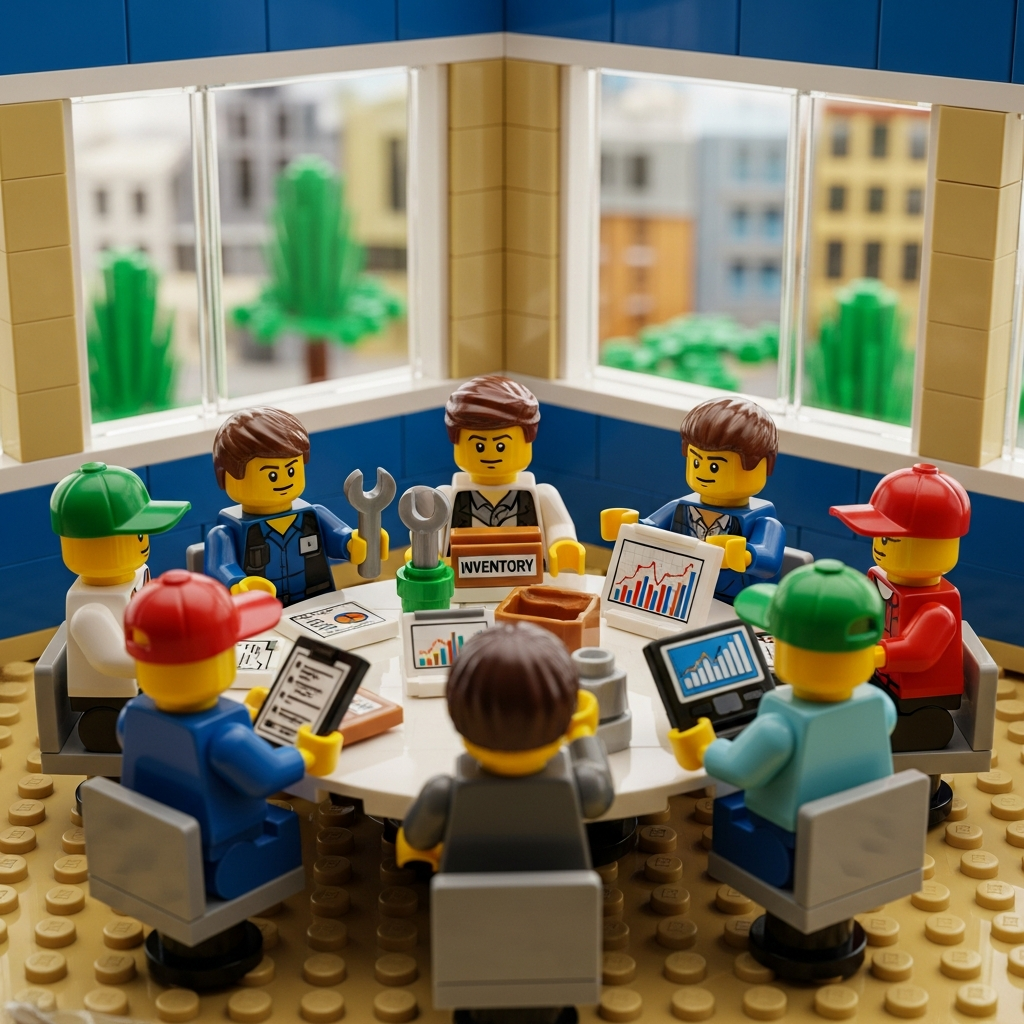 Lego professionals from inventory, ops, and sales collaborating around data reports, illustrating how CyberStockroom’s inventory map improves alignment across teams.