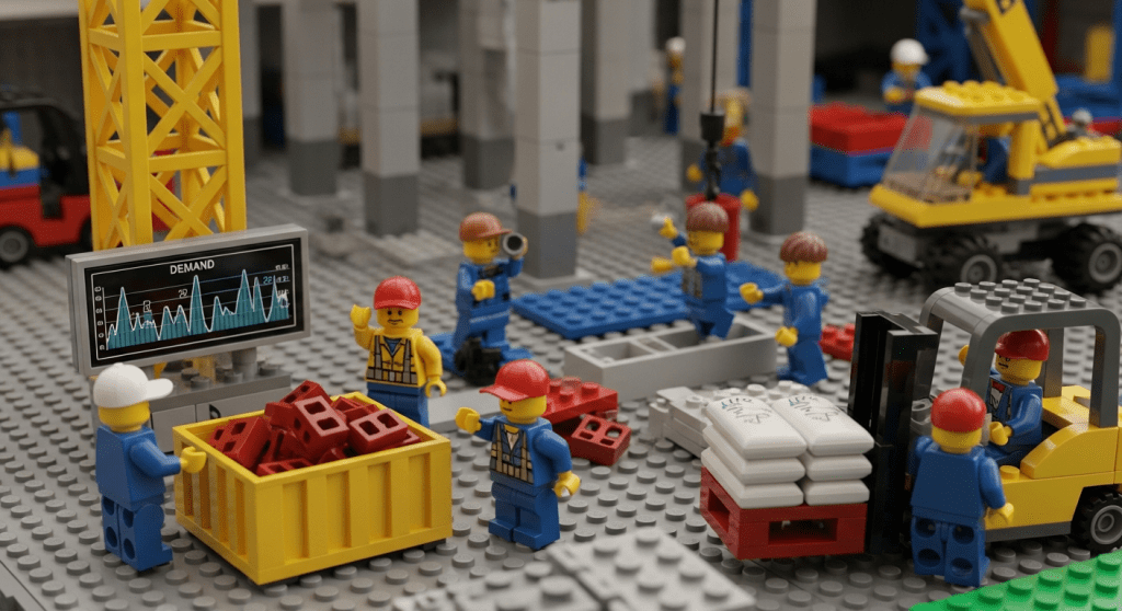 Lego workers handling construction materials near a demand graph, illustrating how CyberStockroom’s inventory map supports clearer visibility in complex material forecasting.