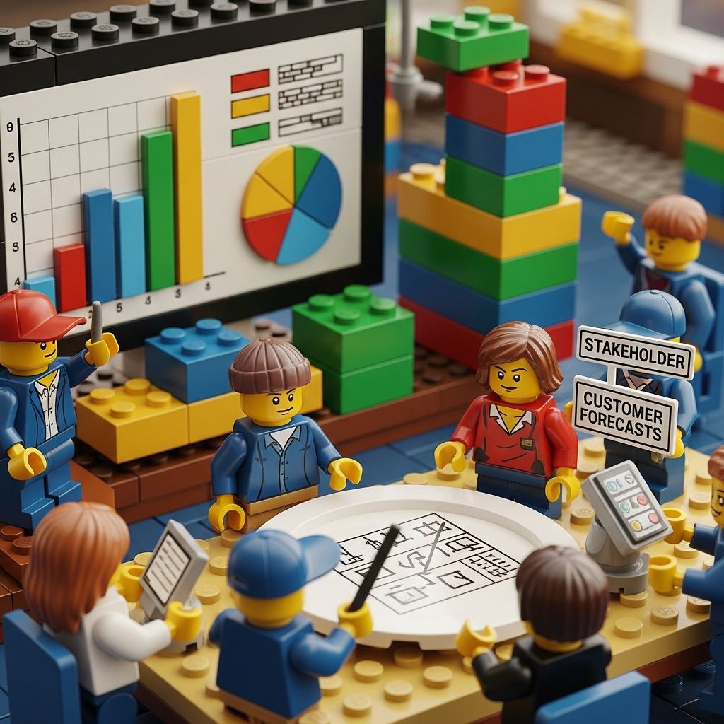 Lego meeting scene with charts, forecasts, and stakeholder input used for demand planning, illustrating how CyberStockroom’s inventory map improves visibility for accurate inventory decisions.
