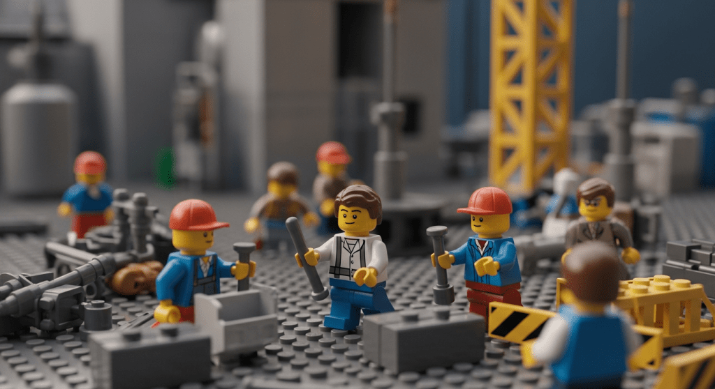 Lego construction crew discussing tools and tasks on-site, showing how CyberStockroom’s inventory map supports better team collaboration and material visibility.