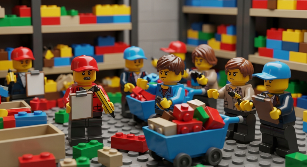 Lego team conducting a busy physical count with clipboards and carts, showing how CyberStockroom’s inventory map supports organized, accurate counting.