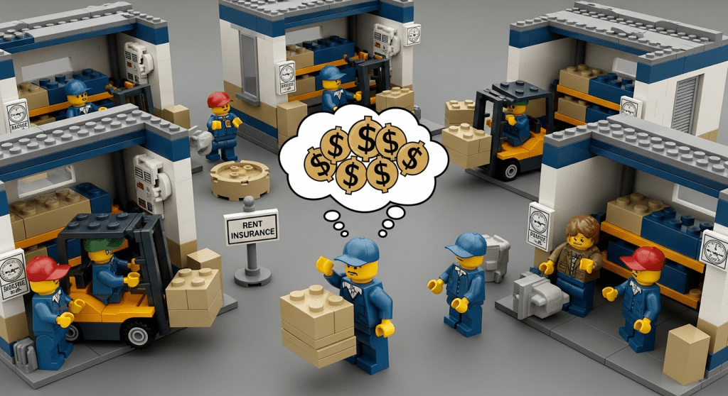 LEGO warehouse managers calculating costs across multiple sites, showing how CyberStockroom’s inventory map helps control expenses and visibility in distributed storage.