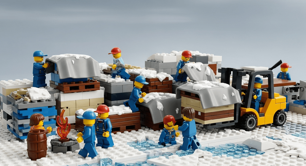 LEGO workers covering materials in snow, illustrating how CyberStockroom’s inventory map helps monitor and protect stock from cold and moisture damage.