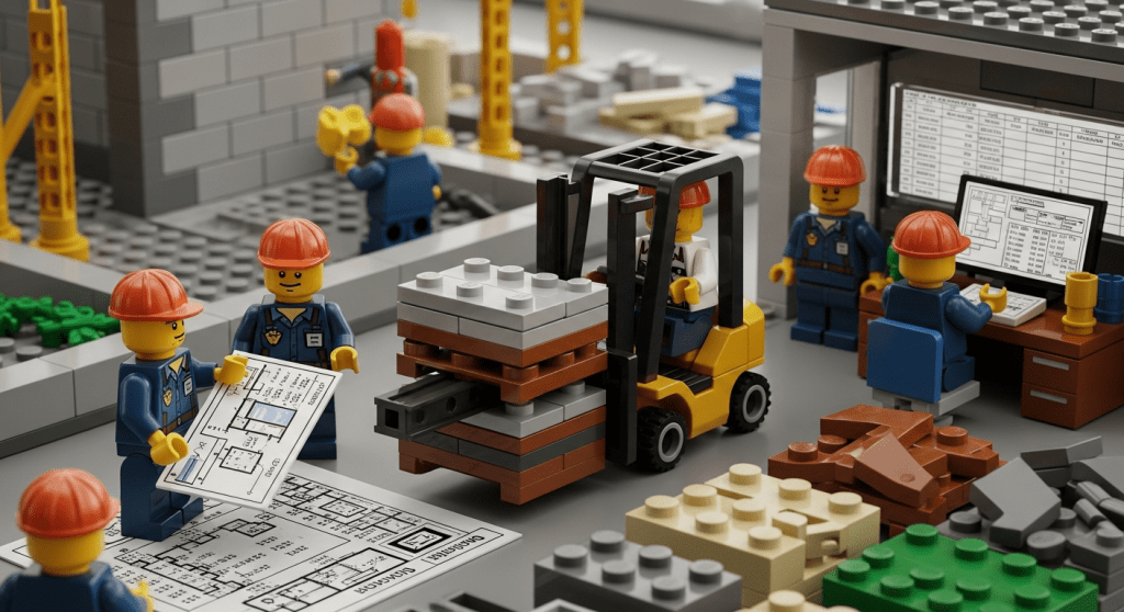 Lego construction crew reviewing plans and moving materials, showing how CyberStockroom’s inventory map improves visibility when defining project material needs.