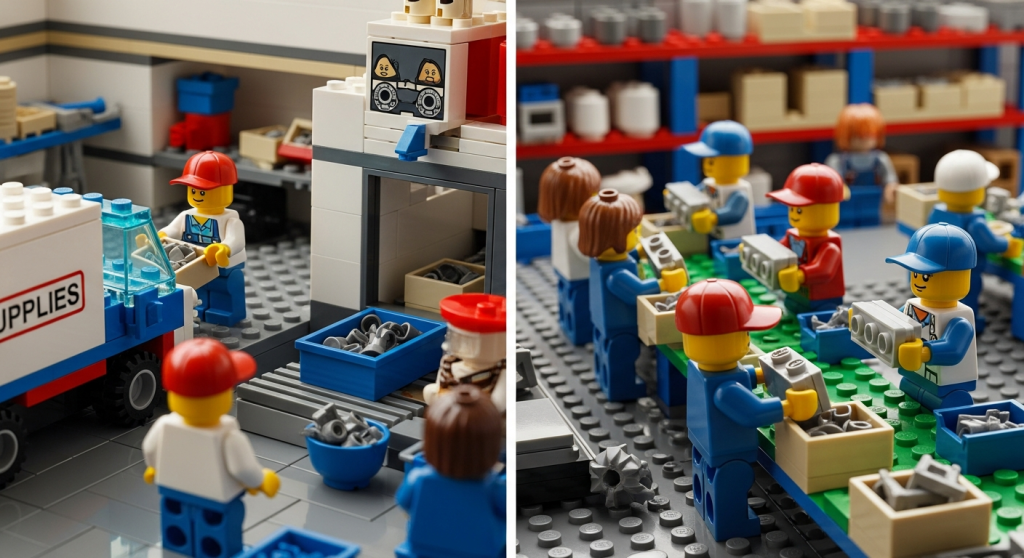 Lego scenes of parts delivery and assembly lines, illustrating how CyberStockroom’s inventory map improves visibility for lean inventory and just-in-time workflows.