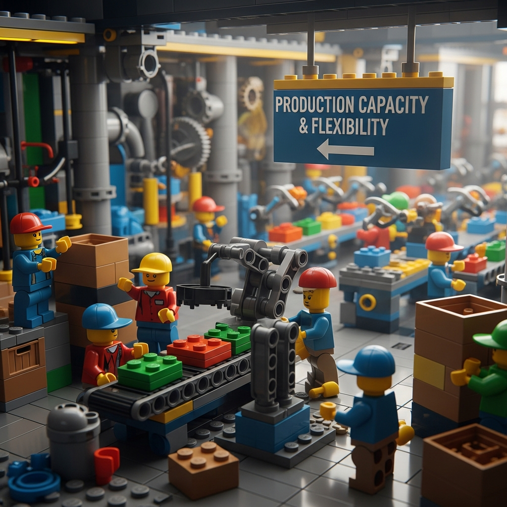 Lego factory with active conveyor lines and robots under a ‘Production Capacity & Flexibility’ sign, showing how CyberStockroom’s inventory map supports scaling operations.