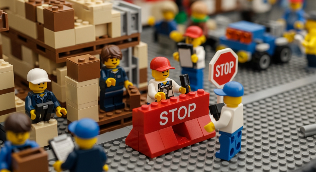 Lego workers placing stop barriers in a busy warehouse scene, illustrating how CyberStockroom’s inventory map supports freeze and cutoff controls for clear visibility.