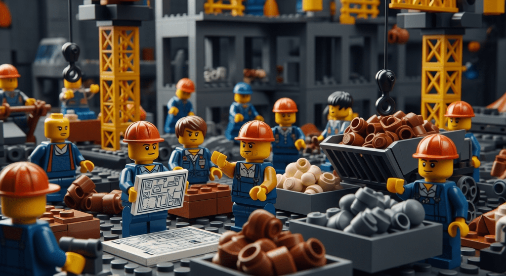 Lego workers coordinating construction materials on a dynamic site, illustrating how CyberStockroom’s inventory map improves visibility amid market and supply risks.