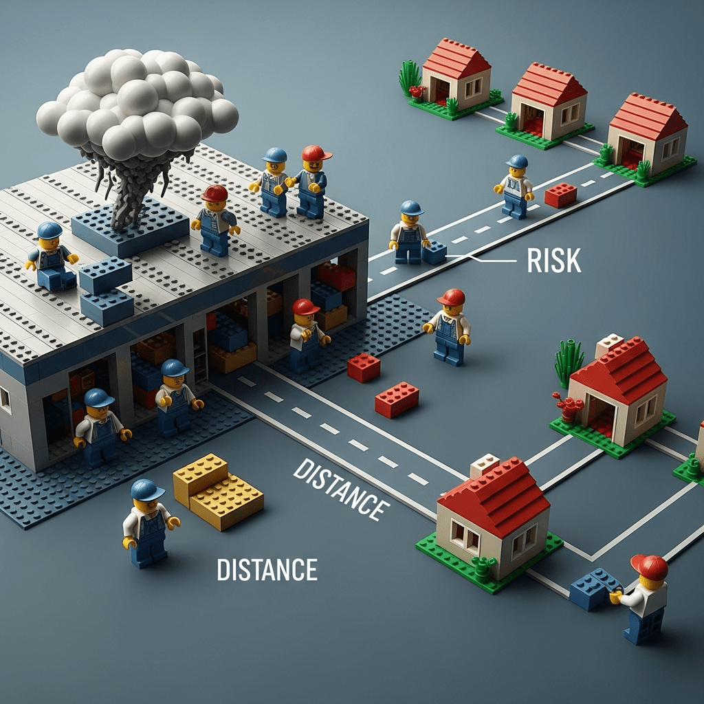 LEGO warehouse with labeled distance and risk zones, showing how CyberStockroom’s inventory map helps visualize supply chain reach and vulnerabilities.