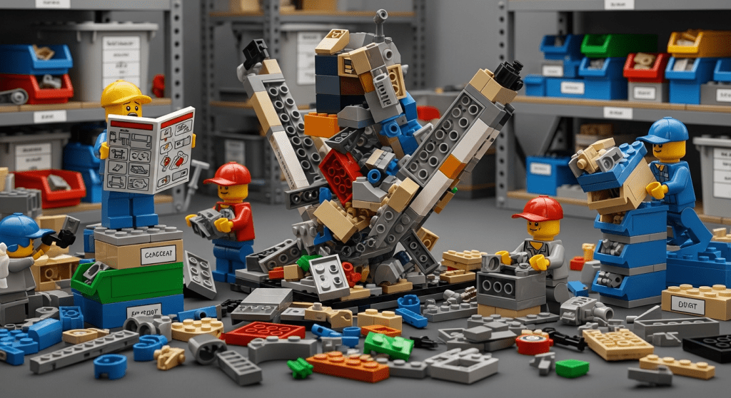 CyberStockroom-inspired Lego visual depicting key challenges in modular inventory management, highlighting disorganization and the need for structured mapping and visibility.