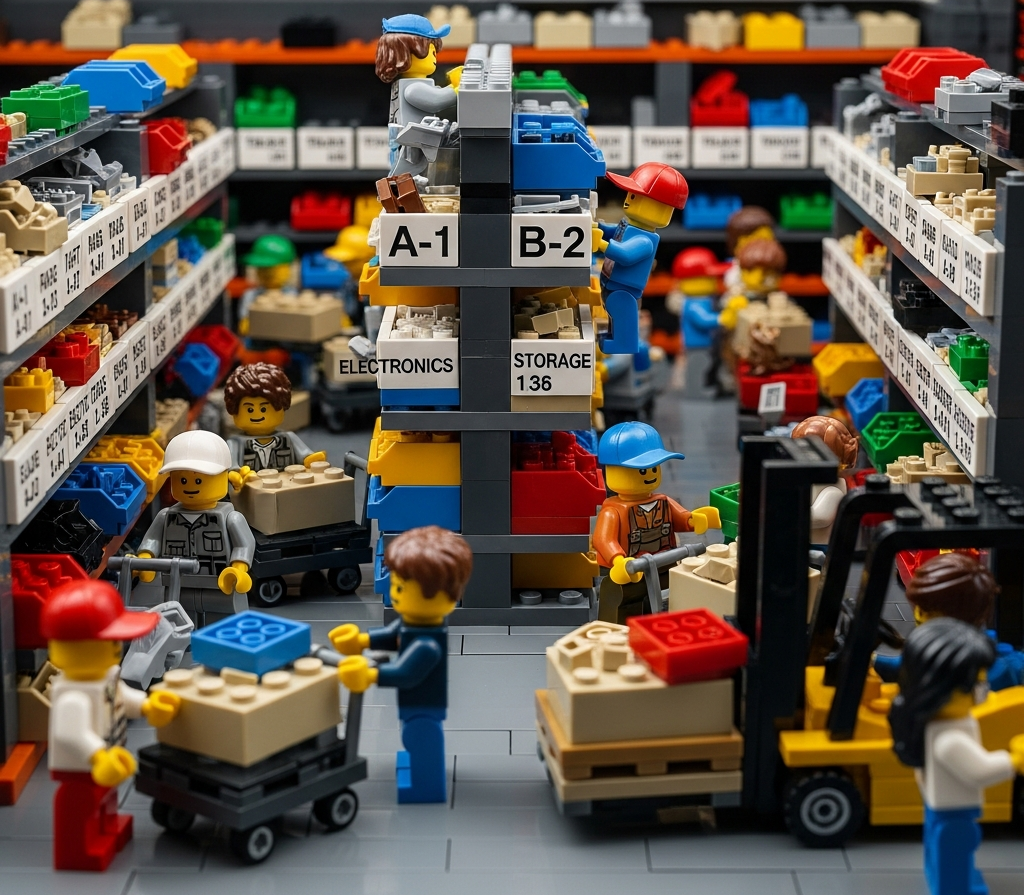 Lego warehouse scene with labeled shelves, organized bins, and workers sorting items, illustrating how CyberStockroom’s inventory map improves visibility and location accuracy as inventory grows.