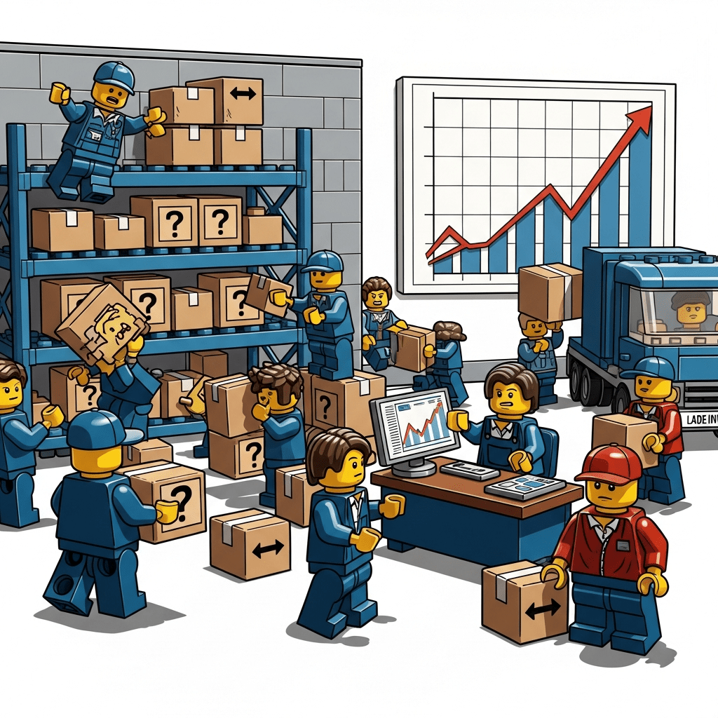 Lego workers sorting boxes with a rising demand chart in the background, illustrating how CyberStockroom’s inventory map supports clear visibility when adjusting safety stock.