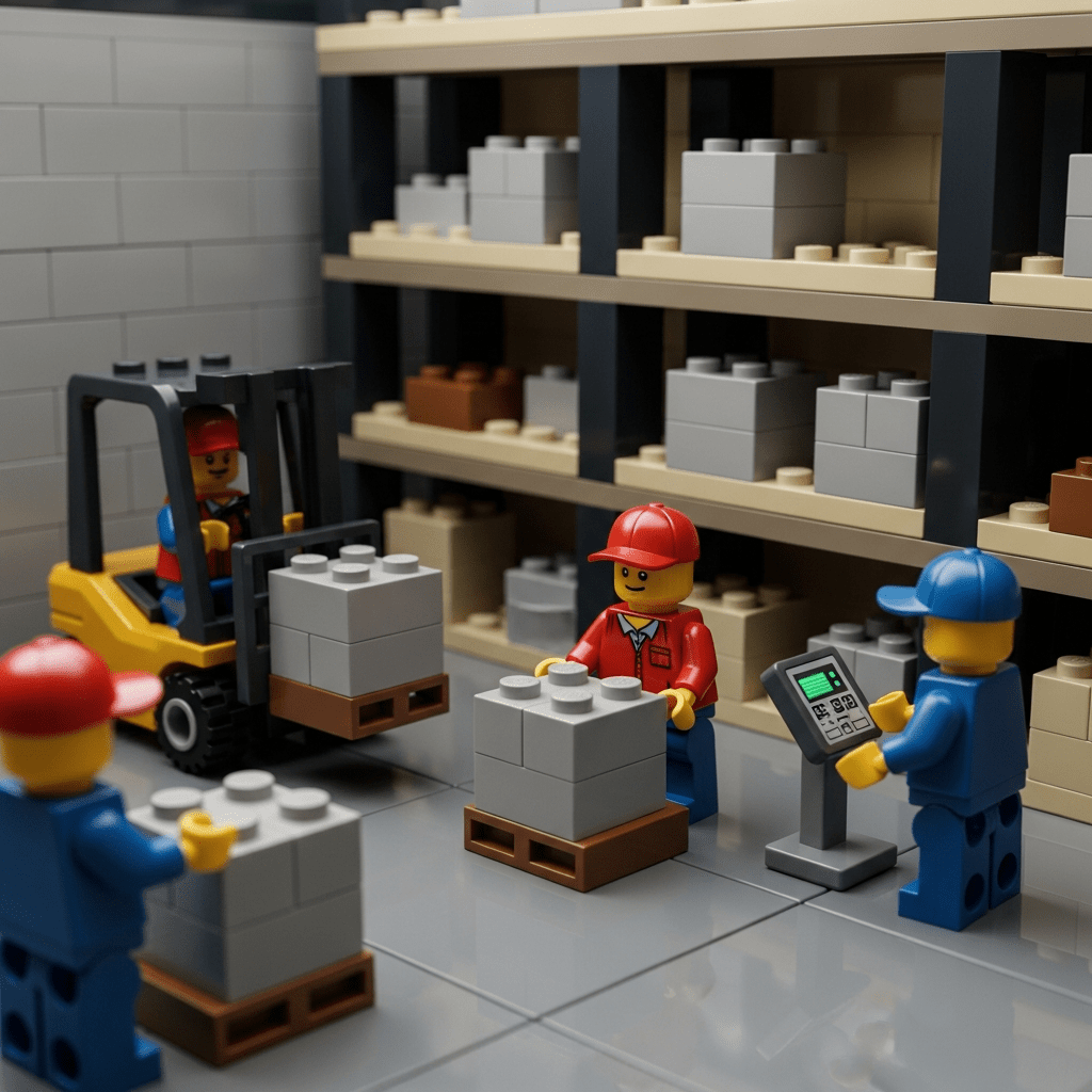 Lego warehouse with pallets, forklift, and a worker using a tablet to manage lean stock levels, similar to CyberStockroom’s inventory map for clear inventory visibility.