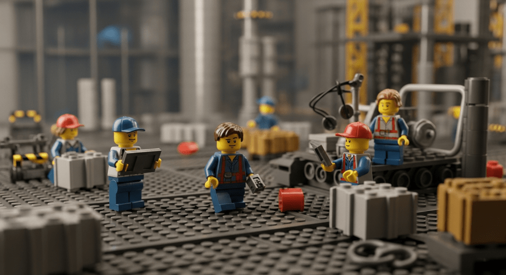 Lego crew using tablets and scanners on a jobsite, showing how CyberStockroom’s inventory map boosts material forecasting with real-time visibility.
