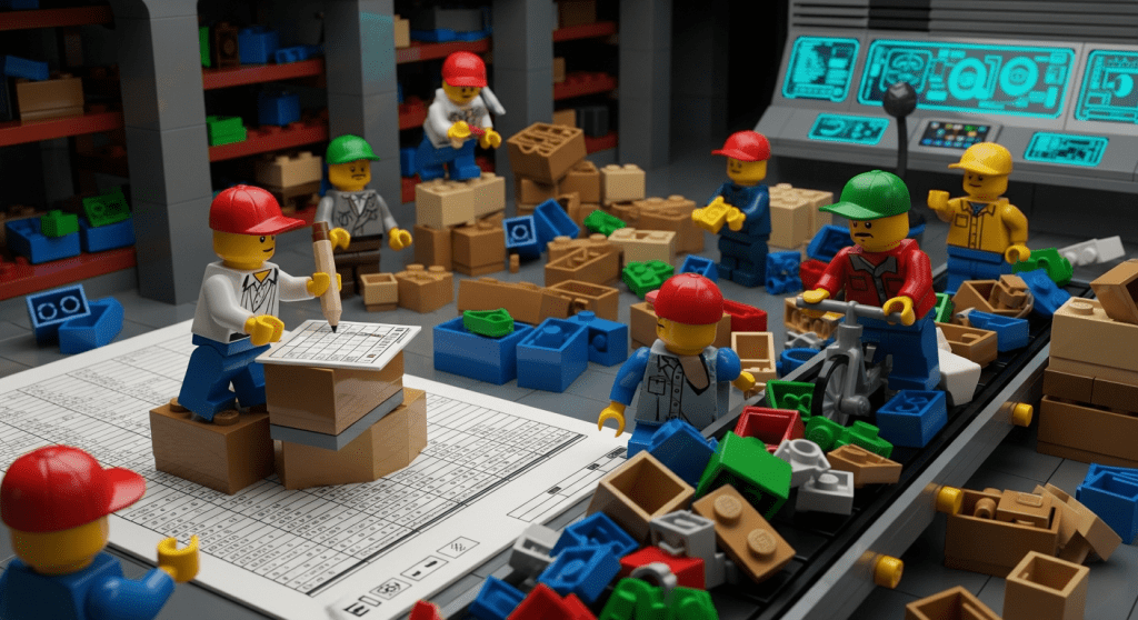 Lego warehouse team using digital tools while organizing scattered inventory, illustrating how CyberStockroom’s inventory map improves visibility and control with smarter technology.