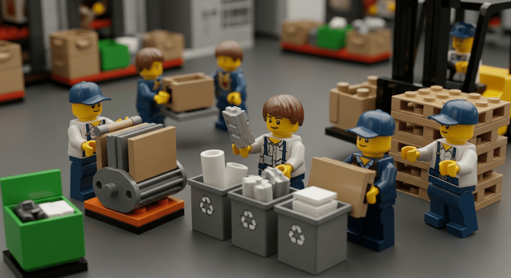 Lego warehouse team separating cardboard, pallets, and packing materials into recycling bins, illustrating how CyberStockroom’s inventory map improves visibility for reducing packaging and material waste.
