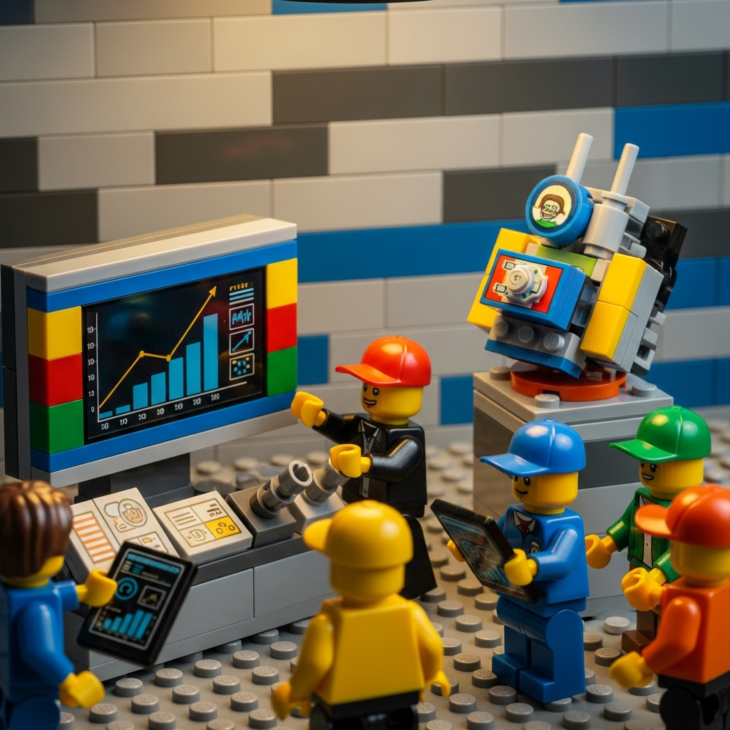 Lego workers gather around a data console to review live sales performance after a product launch. One team member points at a chart showing a sharp sales spike, while others analyze real-time dashboards. A quirky robot display sits nearby, symbolizing automation. This visual reinforces how CyberStockroom helps manufacturers track performance against forecasts and react quickly to demand surges or slowdowns.