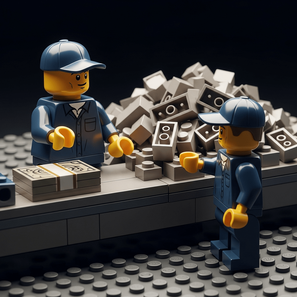 Lego scene with two workers reviewing materials and payment bundles, illustrating how CyberStockroom’s inventory map supports clear visibility when negotiating bulk orders with suppliers.
