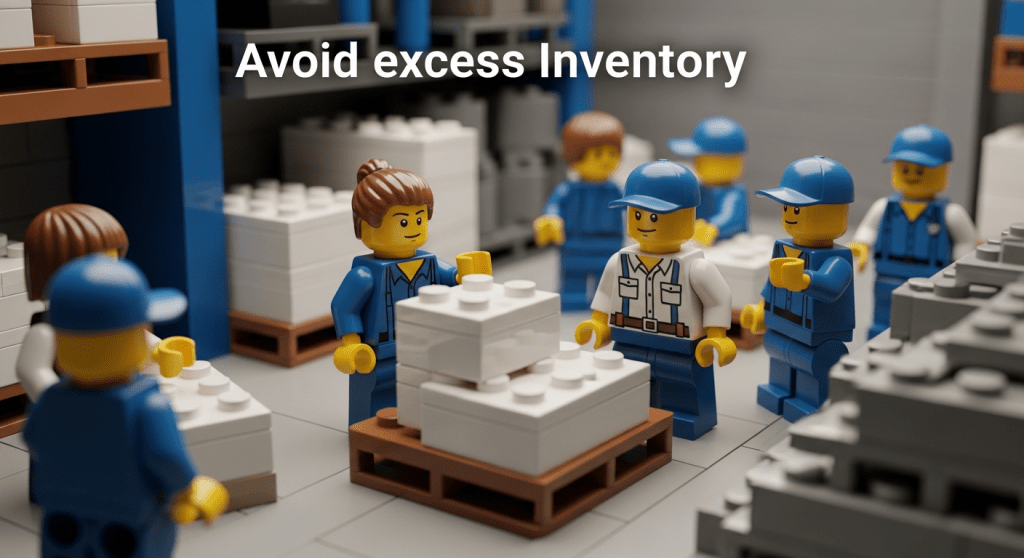 Lego workers reviewing palletized items under a message to avoid excess inventory, illustrating how CyberStockroom’s inventory map improves visibility for accurate forecasting and optimal stock levels.