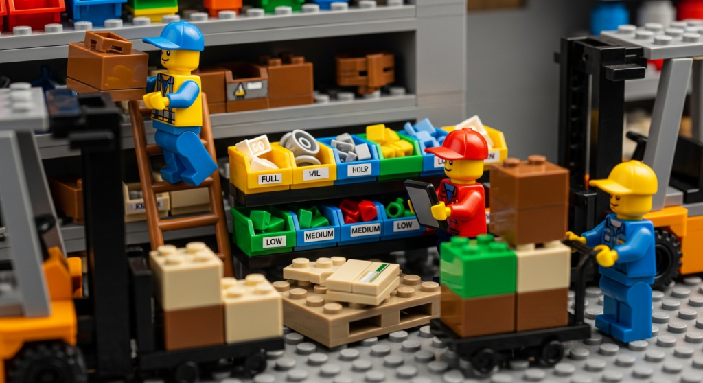 Lego warehouse scene with labeled bins, scanners, and workers reviewing quantities to illustrate how CyberStockroom’s inventory map increases visibility for optimizing stock levels and setting accurate reorder points.