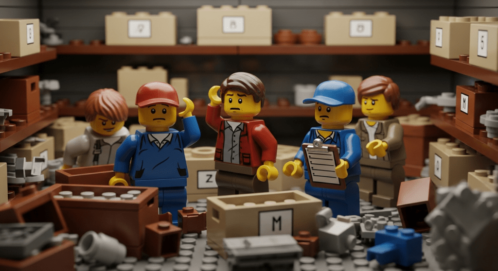Lego team standing in a messy storage room with unlabeled boxes, illustrating how CyberStockroom’s inventory map improves organization and visibility.
