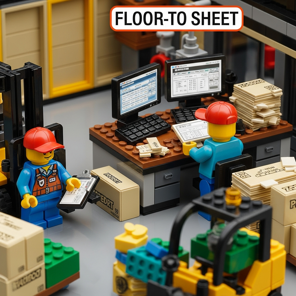 Lego workers comparing physical counts to records during a floor-to-sheet check, showing how CyberStockroom’s inventory map keeps counts clear and visible.