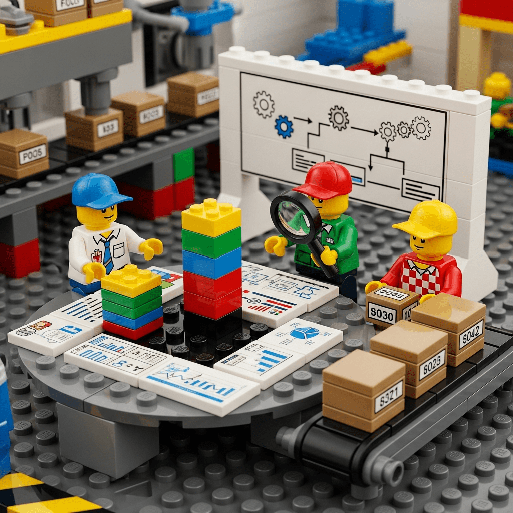 Lego team analyzing charts and stock levels on a planning table, showing how CyberStockroom’s inventory map helps determine the right starting inventory for launches.