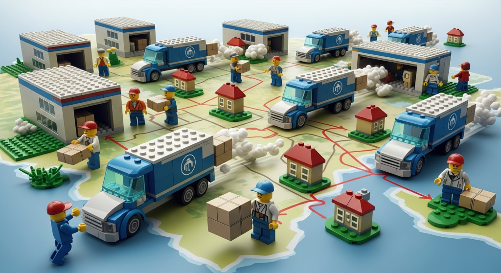 LEGO trucks delivering from multiple warehouses to customers, showing how CyberStockroom’s inventory map improves visibility and delivery efficiency across regions.