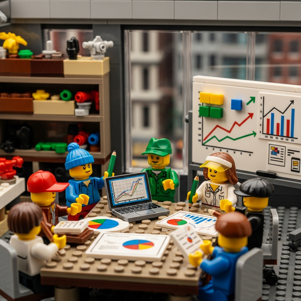 Lego team members gather around a table covered in colorful pie charts and laptops. One holds a chart with climbing trendlines while others point to graphs on the wall. The mood is analytical and upbeat, suggesting a post-launch review. This image illustrates how CyberStockroom supports inventory teams in reviewing performance and using those insights to refine future planning.