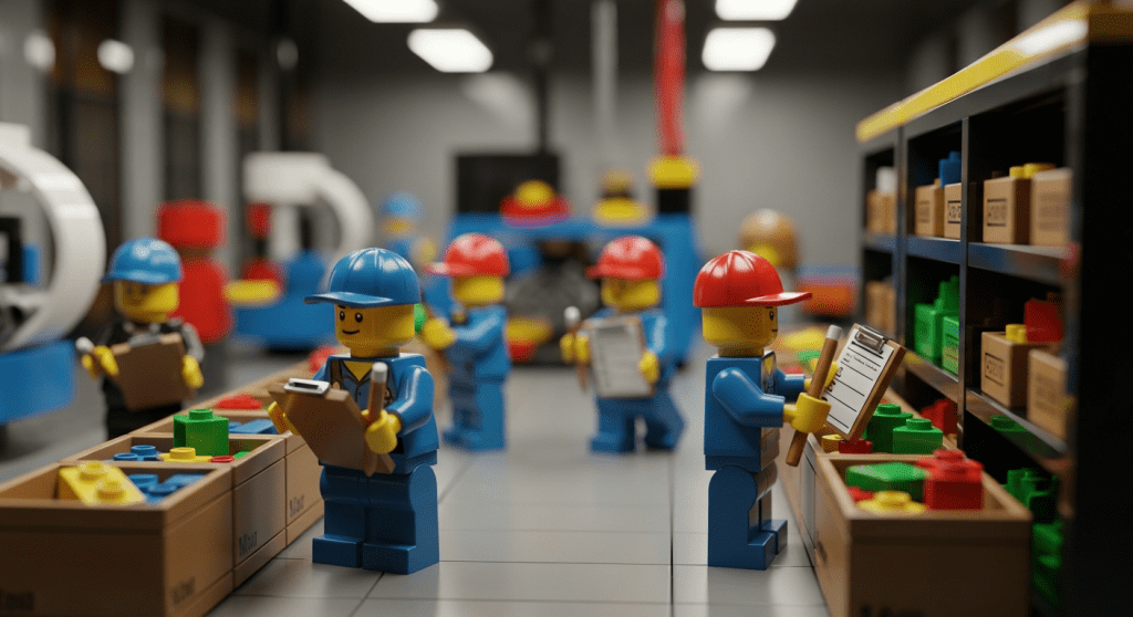 Lego workers performing inventory checks during a quiet shift, showing how CyberStockroom’s inventory map helps keep counts clear and organized.