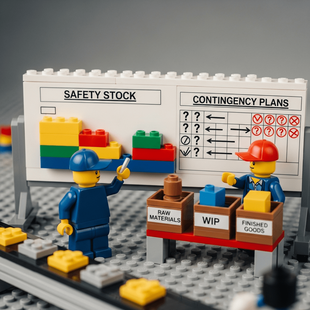 Safety stock levels and contingency workflows displayed on a board, showing how CyberStockroom supports proactive inventory buffers and risk planning
