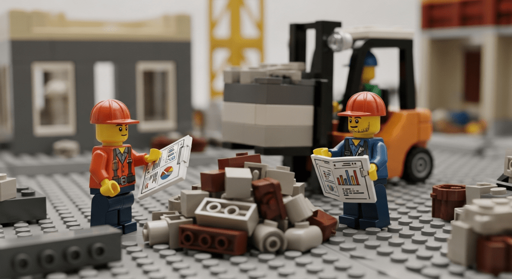 Lego construction scene with workers studying charts and stock details, reflecting how CyberStockroom’s inventory map improves visibility for stronger supplier and supply chain management.
