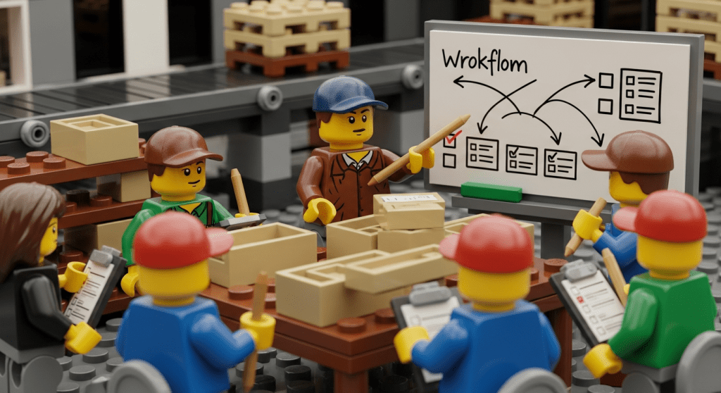 Lego team gathered around a workflow board for training, showing how CyberStockroom’s inventory map supports clearer procedures and better inventory visibility.