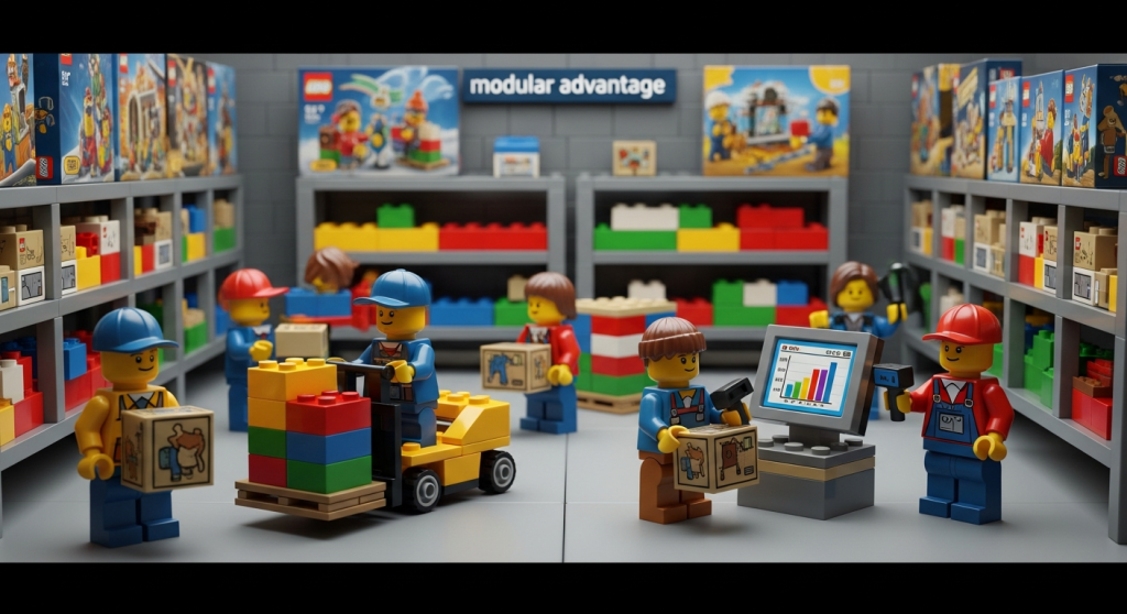 CyberStockroom-inspired Lego image depicting coordinated prefab production and organized inventory tracking for modular construction efficiency