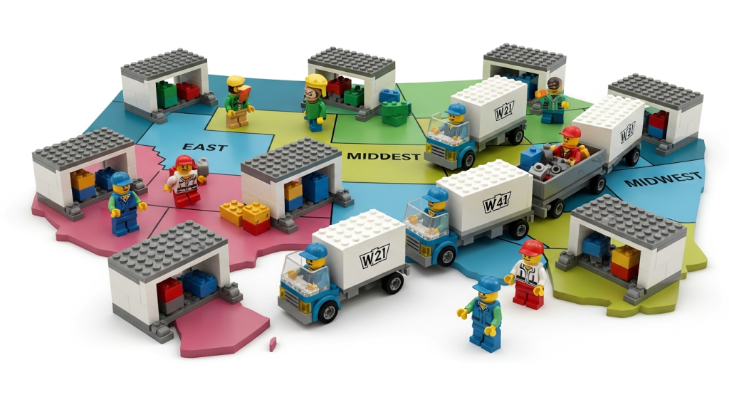 LEGO map with multiple regional warehouses and delivery trucks showing how CyberStockroom’s inventory map supports distributed inventory visibility."