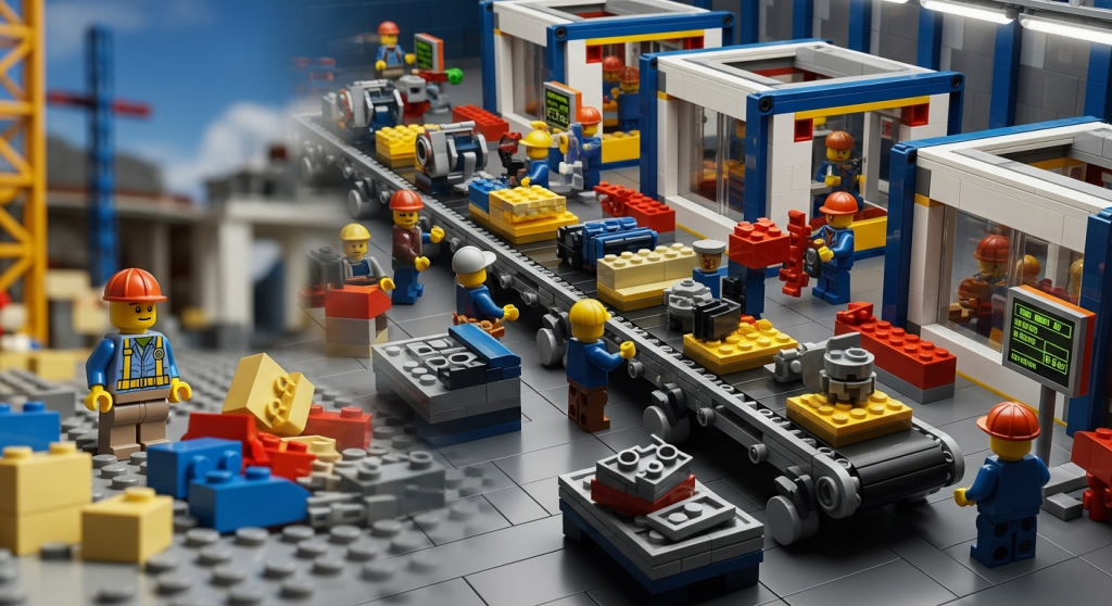 CyberStockroom-inspired Lego visual of a modular construction assembly line highlighting how centralized inventory tracking supports efficient prefab production and material flow.