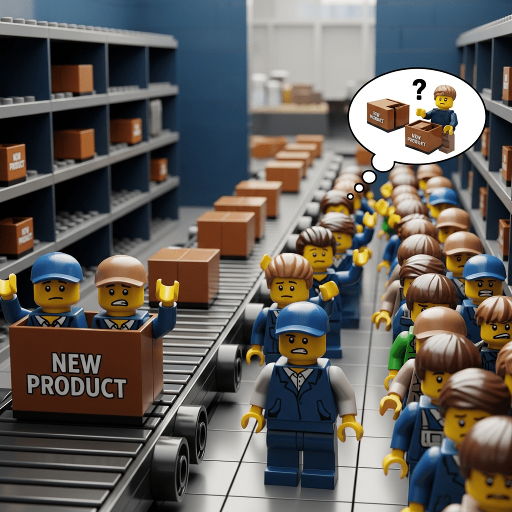 Lego assembly line with confused workers and boxes labeled ‘New Product,’ showing how CyberStockroom’s inventory map helps avoid chaos during product launches.