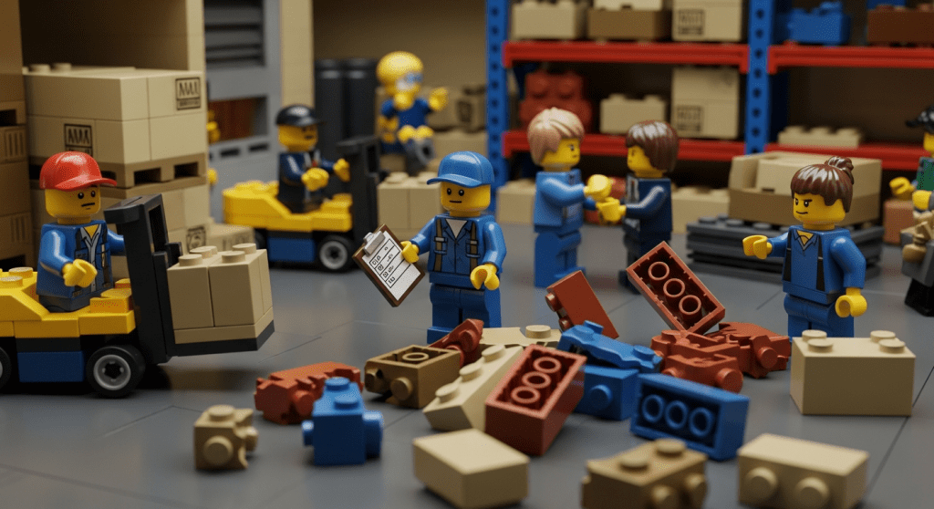 Lego warehouse scene with workers organizing misplaced items and reviewing checklists, illustrating how CyberStockroom’s inventory map improves visibility to minimize inventory waste.