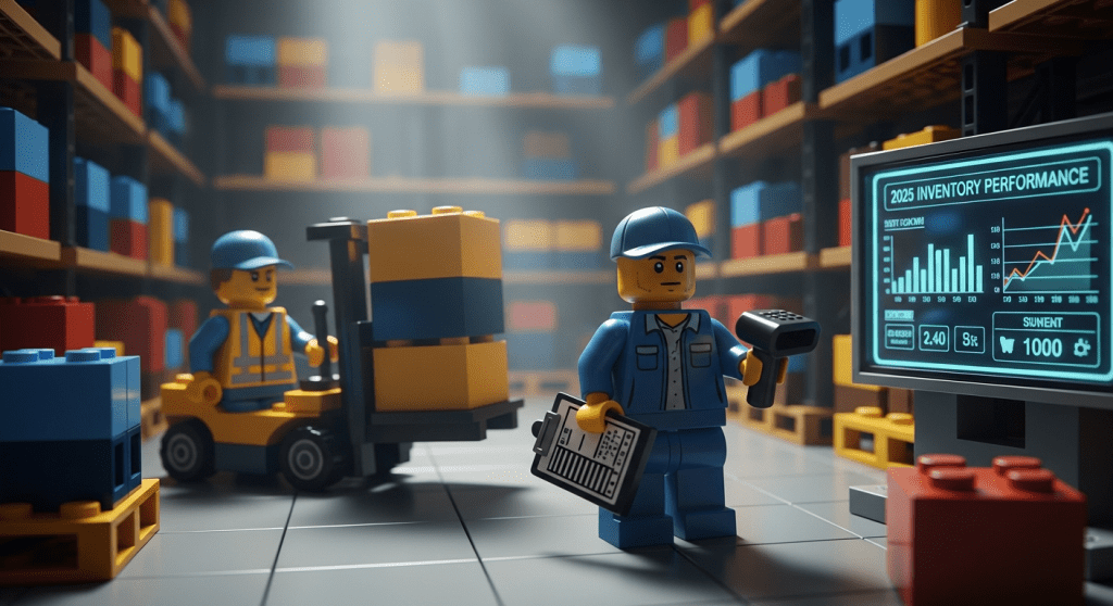 LEGO warehouse workers scanning barcodes and monitoring a performance dashboard titled "2025 Inventory Performance." The image highlights year-end inventory analysis, stock accuracy tracking, and performance metrics essential for warehouse operations.