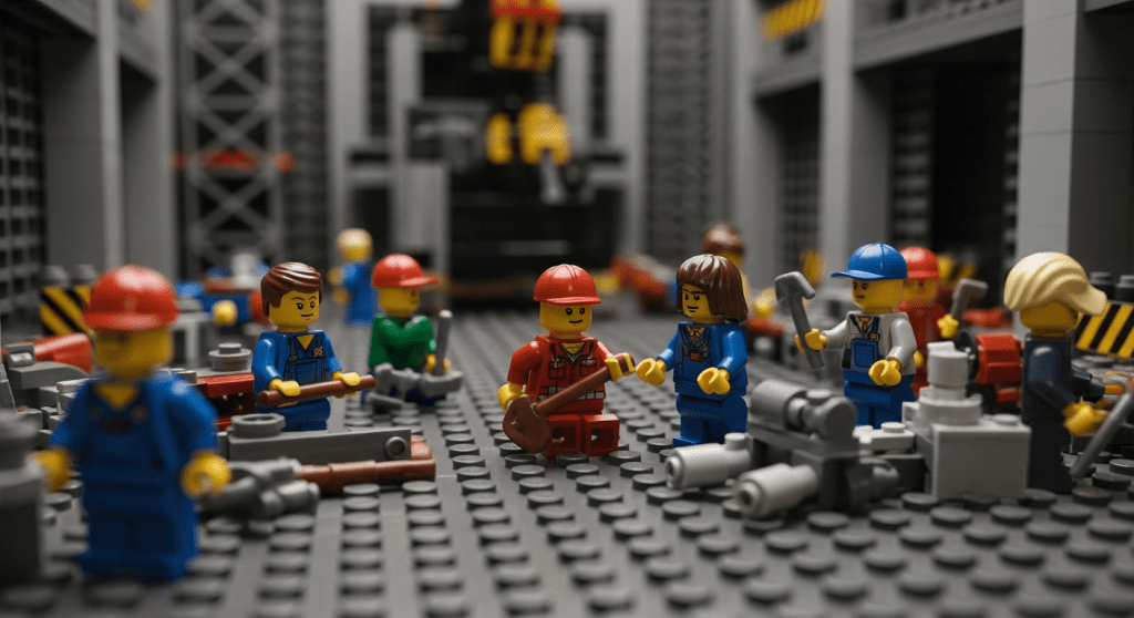 LEGO workers in a large industrial space inspecting and sorting tools. The group is actively handling wrenches, hammers, and machinery parts, symbolizing the process of auditing and cataloging equipment to ensure accountability and reduce losses.