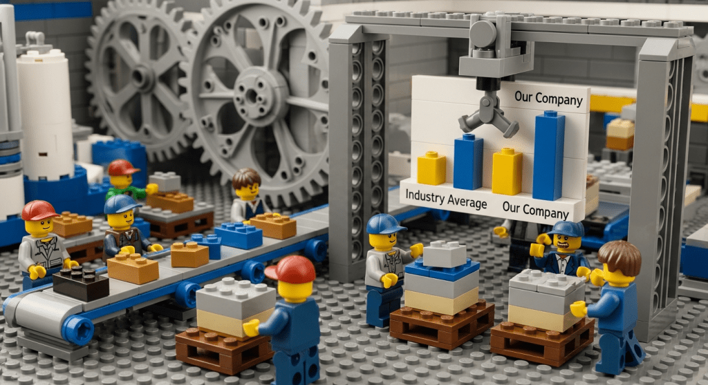 A LEGO-style assembly line in a factory shows minifigs producing goods while a robotic arm highlights a bar chart comparing “Industry Average” and “Our Company.” The chart reveals higher turnover performance. This scene illustrates how CyberStockroom’s inventory map gives teams real-time visibility into stock movement, helping benchmark turnover and improve efficiency.