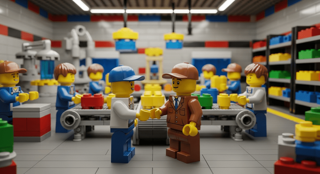 LEGO workers collaborate on a factory floor while two central figures shake hands, representing a strategic alliance between a manufacturer and supplier. Conveyor belts, component bins, and background labor reinforce the importance of dependable partnerships. This visual emphasizes how trust and coordination between sourcing and production teams can streamline operations—a process enhanced by CyberStockroom's inventory mapping and zone visibility.