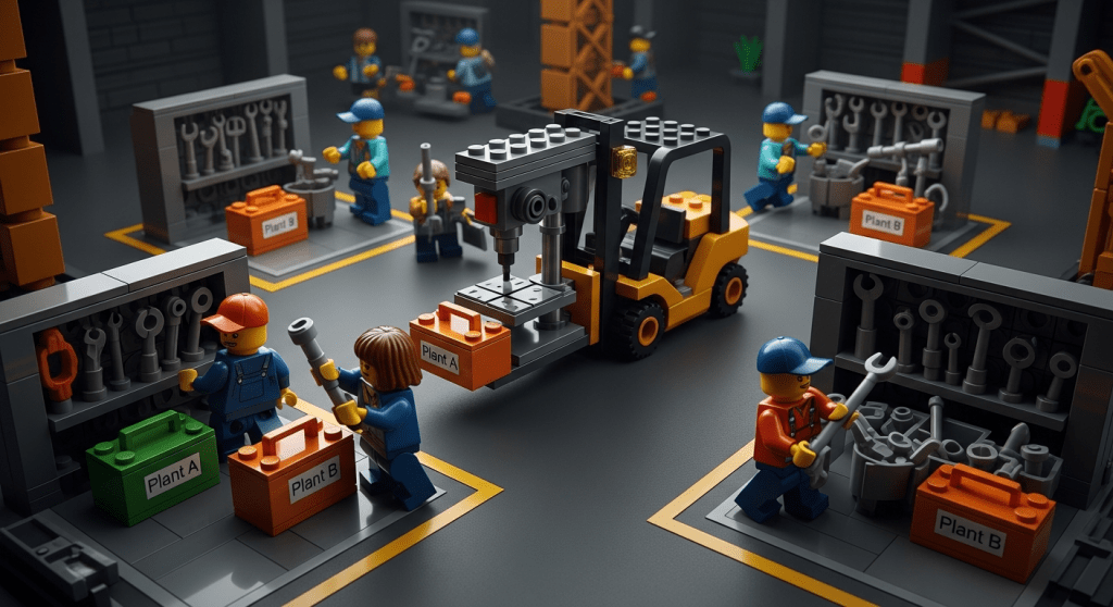 LEGO team juggling tool transfers between different storage zones marked as Plant A, Plant B, and Plant 3. Depicts the operational chaos of managing inventory across multiple departments or job sites without a centralized system. Ideal visual metaphor for why manufacturers and construction teams need unified inventory visibility, which CyberStockroom solves through map-based tracking.