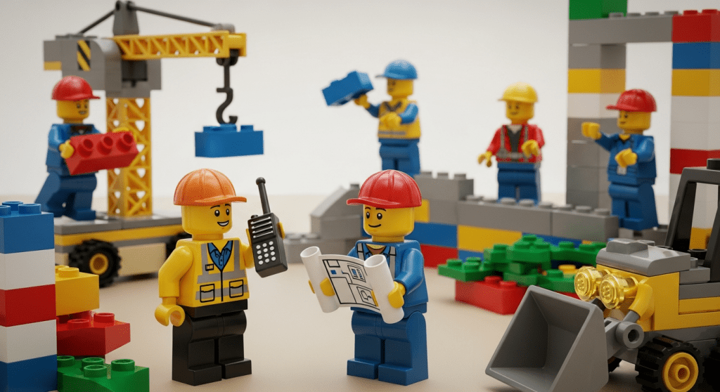 LEGO construction workers coordinate over blueprints and walkie-talkies as a crane moves a critical component into place. This moment captures how vital communication is when managing long lead times on-site. CyberStockroom helps ensure everyone, from planning to field teams, stays informed with a clear visual of where each item is—and when it’s expected.