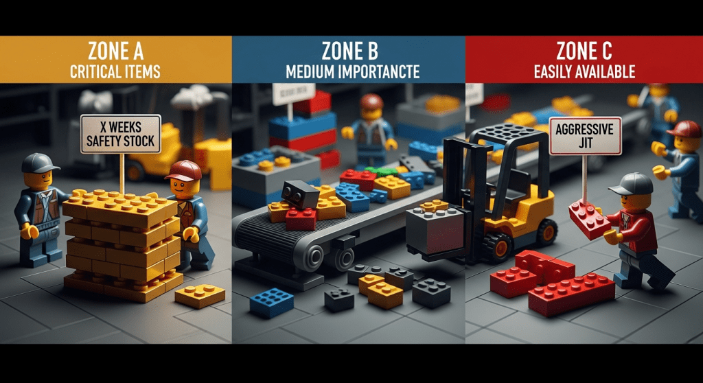 LEGO-themed image illustrating a segmented inventory strategy with Zone A (critical items with safety stock), Zone B (medium importance items in process), and Zone C (easily available parts using aggressive just-in-time methods). Visual shows forklifts, conveyor belts, and workers managing inventory by priority level.
