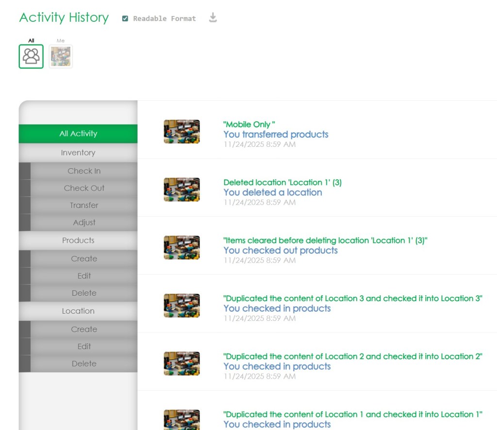 CyberStockroom’s activity history view shows a timeline of inventory actions like product transfers, location deletions, and check-ins. Each entry includes clear time stamps and user-triggered events—like assigning items to mobile crews or clearing a location before deletion—providing full traceability for long lead-time materials and special equipment.