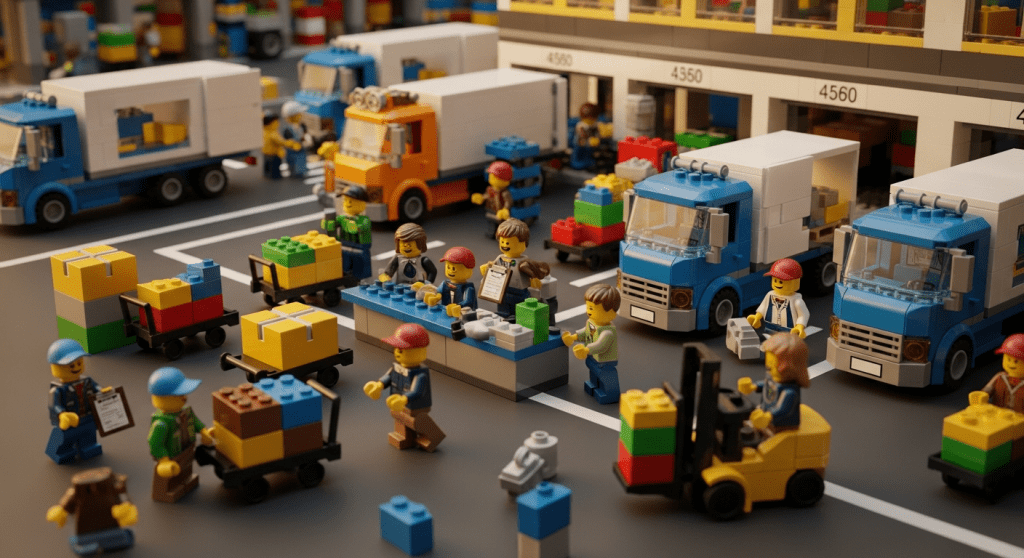 A vibrant LEGO logistics hub shows multiple delivery trucks being loaded with colorful cargo. Workers handle checklists, direct forklifts, and coordinate shipments, illustrating the importance of a diversified supply chain. This visual emphasizes how having multiple sourcing and routing options helps teams stay agile and avoid bottlenecks—especially when powered by CyberStockroom’s multi-location inventory mapping and real-time visibility.