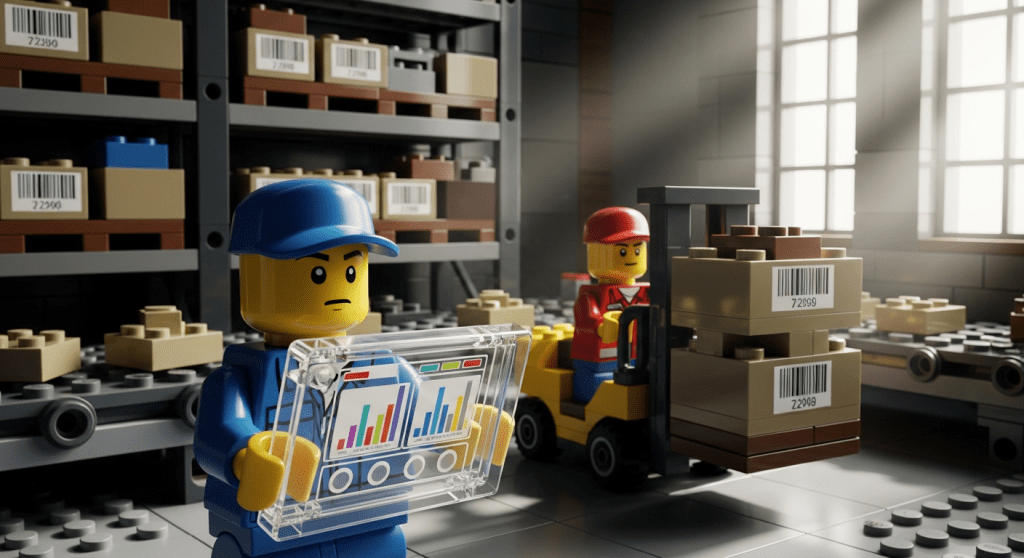 LEGO warehouse workers using digital dashboards, barcodes, and modern tracking tools to manage stock, representing how CyberStockroom helps teams upgrade to modern inventory management technology.
